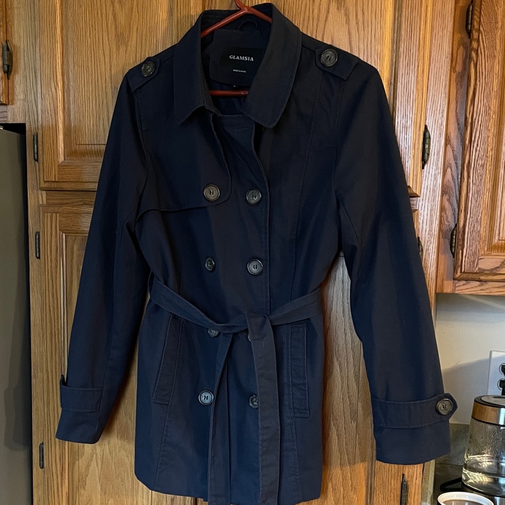 Glamsia Navy Double-Breasted Belted Trench Coat